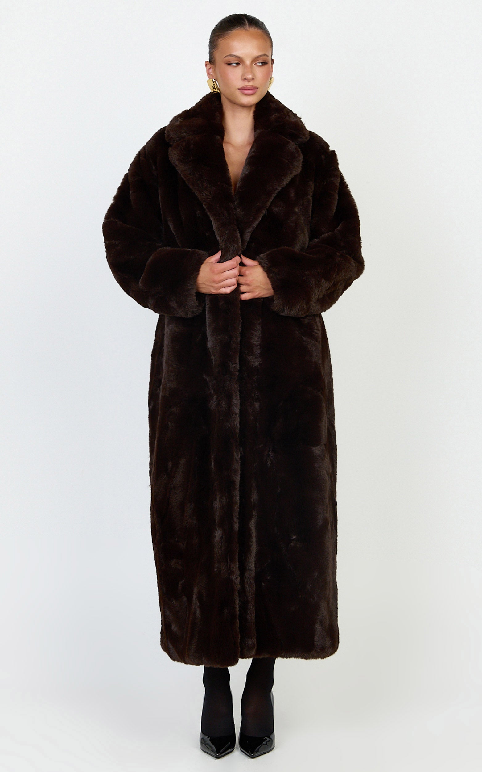 Dana Coat - Longline Faux Fur Coat in Chocolate