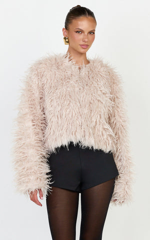 Zoe Coat - Oversized Cropped Faux Fur Coat in Beige