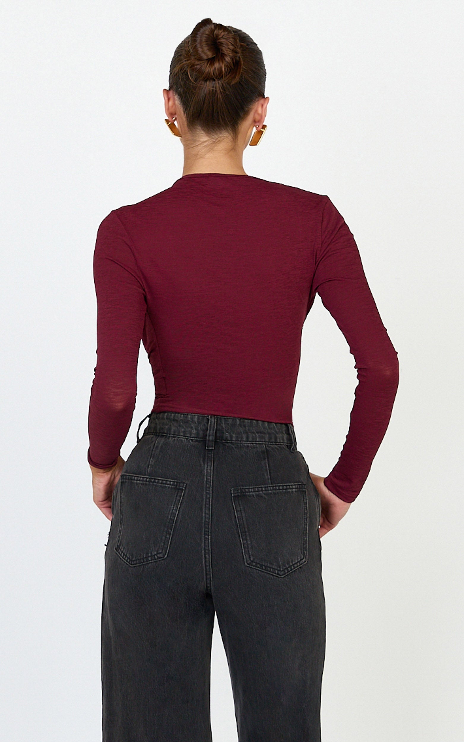 Hillary Top - Asymmetric Ruched Side Jersey Top in Wine