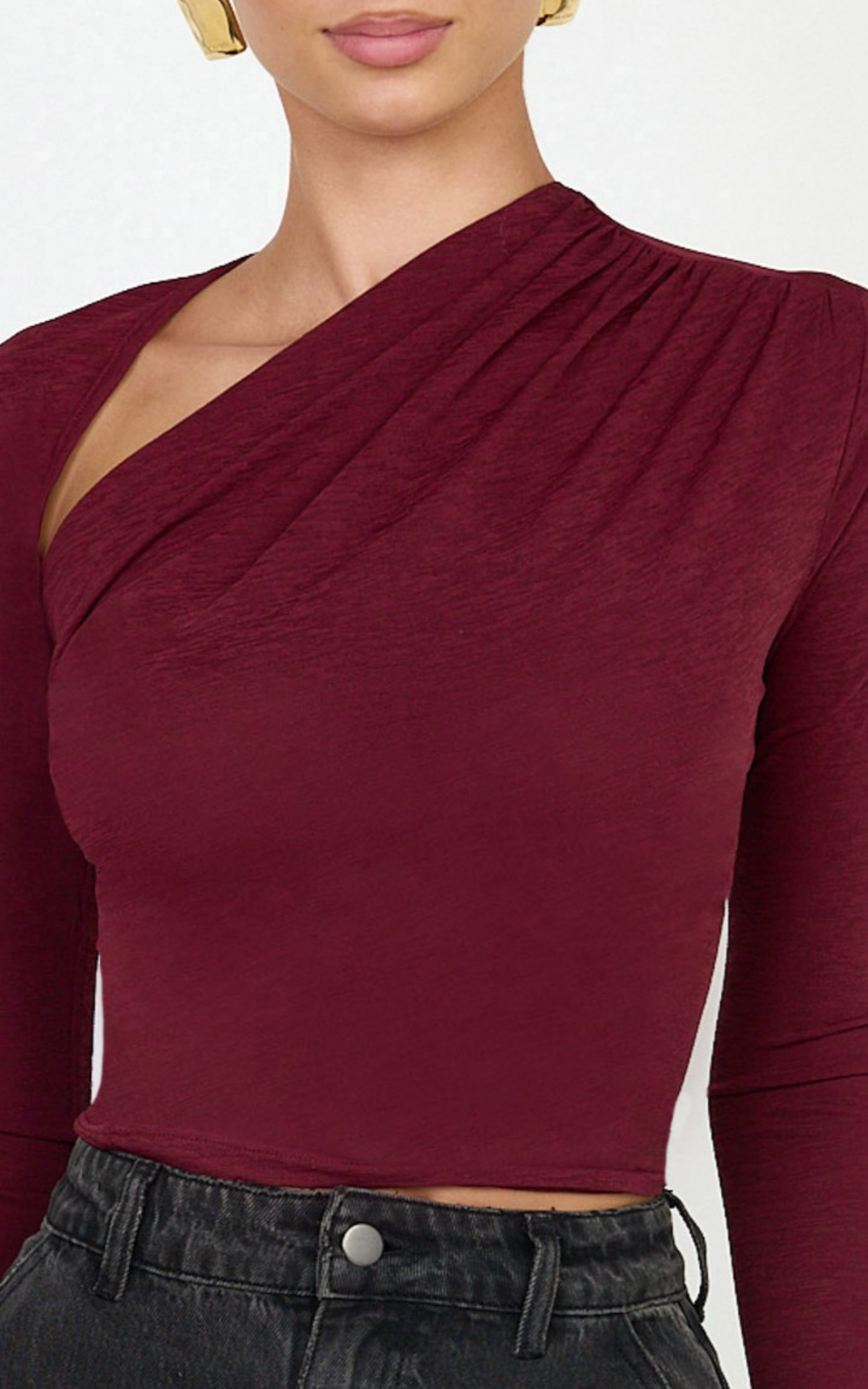 Hillary Top - Asymmetric Ruched Side Jersey Top in Wine