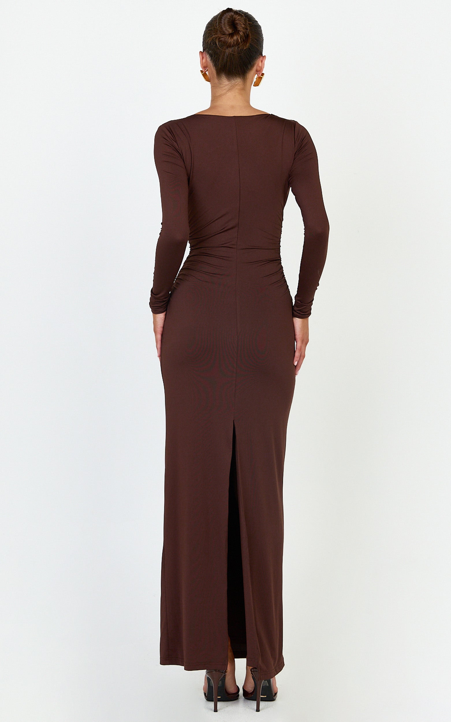 Juniper Maxi Dress - V Neckline Long Sleeve Gathered Detail Dress in Dark Chocolate