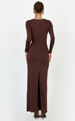 Juniper Maxi Dress - V Neckline Long Sleeve Gathered Detail Dress in Dark Chocolate