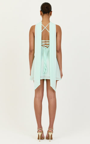 Arin Mini Dress - Satin Contrast Dress With Draped Neck Scarf in Mint