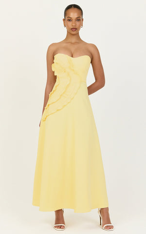 Dahlia Midi Dress - Strapless Side Frill Pleated A Line Dress in Lemon