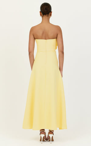 Dahlia Midi Dress - Strapless Side Frill Pleated A Line Dress in Lemon