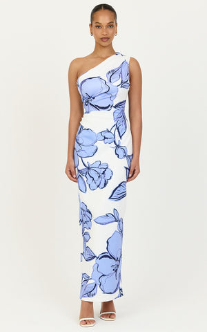 Elke Midi Dress - One Shoulder Fitted Dress in Blue Bouquet Di Fiori Print