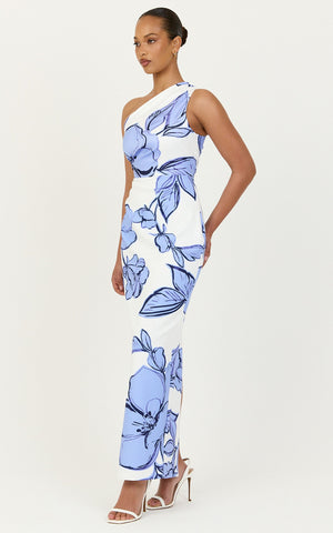 Elke Midi Dress - One Shoulder Fitted Dress in Blue Bouquet Di Fiori Print