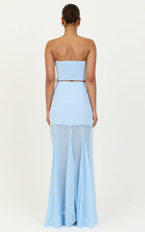 Elara Two Piece Top and Skirt Set - Strapless Shirred Back Top And Contrast Sheer Godet Skirt Set in Blue