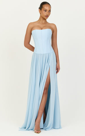 Eugene Maxi Dress - Contrast Strapless Fit And Flare High Split Dress in Blue