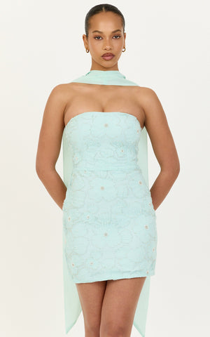 Oona Mini Dress - Strapless Floral Embroidered Dress With Draped Neck Scarf in Mint