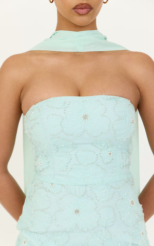 Oona Mini Dress - Strapless Floral Embroidered Dress With Draped Neck Scarf in Mint