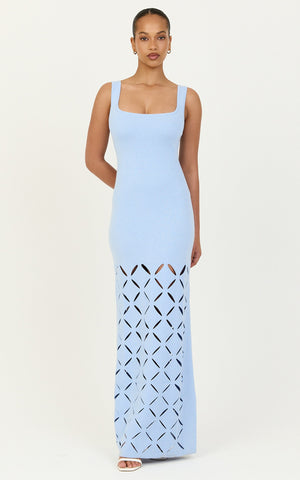 Sabrina Maxi Dress - Scoop Neck Laser Cut Dress in Blue
