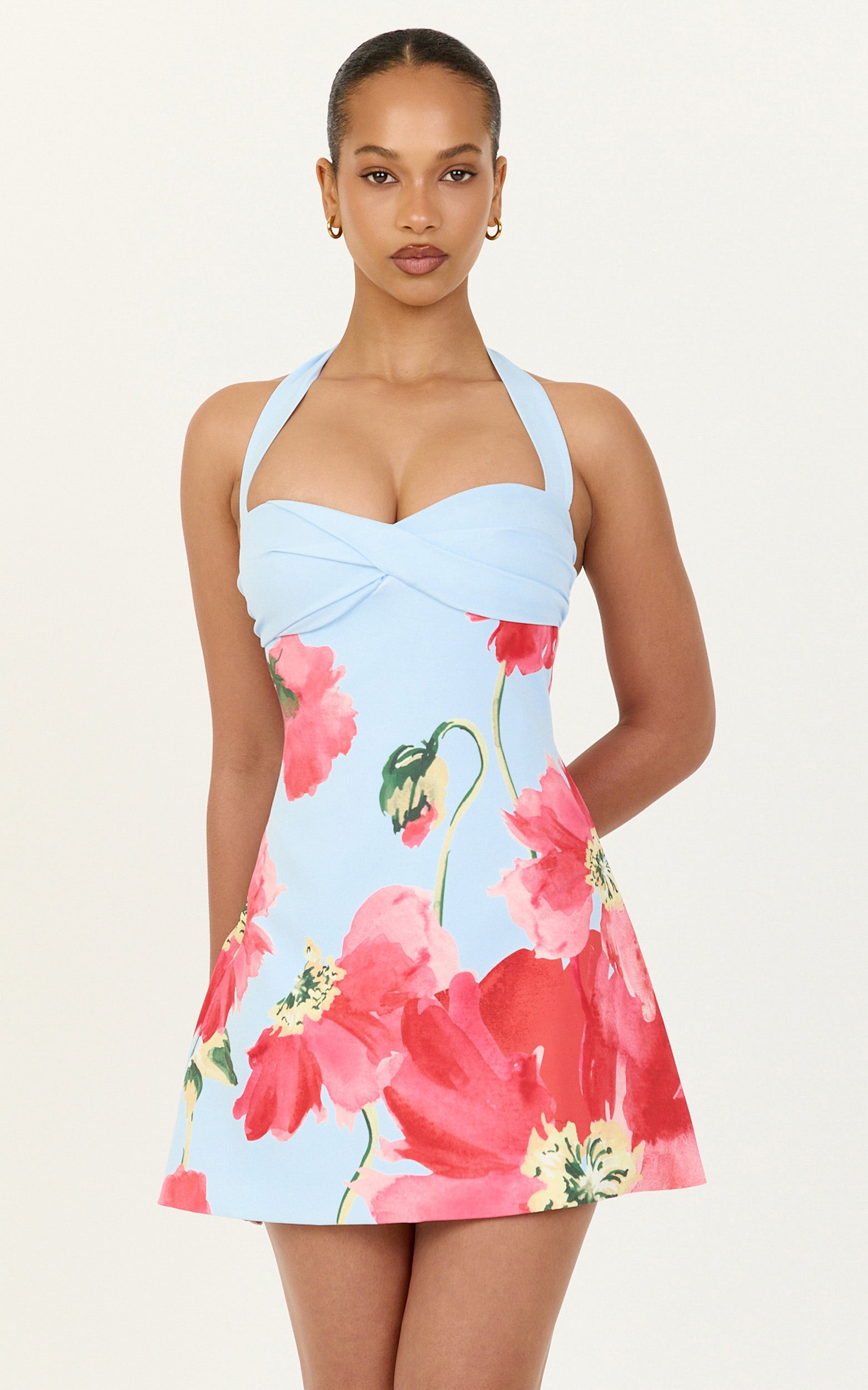 Seraphine Mini Dress - Halter Neck Twist Front Tulip Skirt Dress in Luciana Floral Print