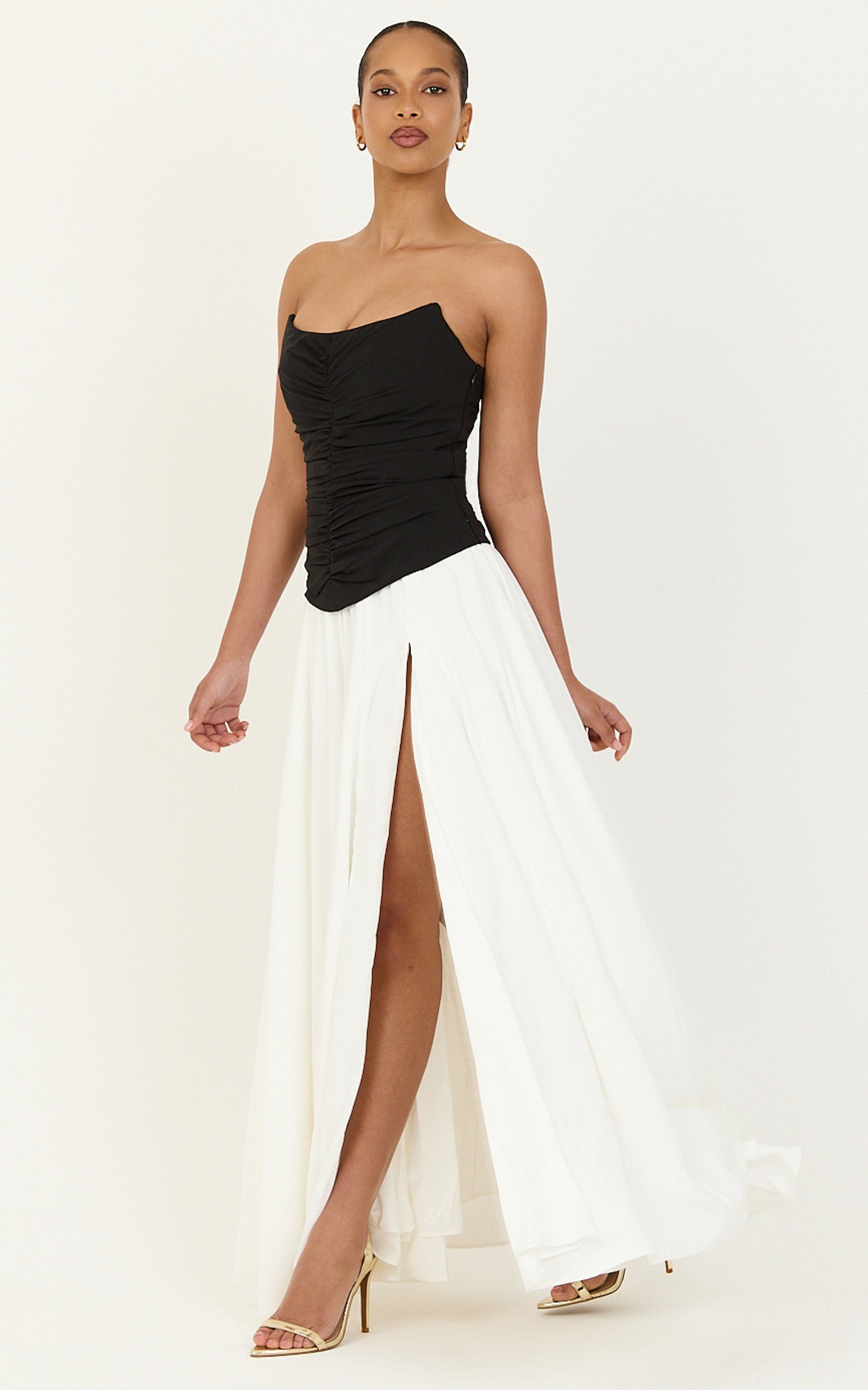 Evelina Maxi Dress - Strapless Corset Dress With Contrast Gathered Skirt in White/Black