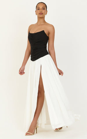 Evelina Maxi Dress - Strapless Corset Dress With Contrast Gathered Skirt in White/Black