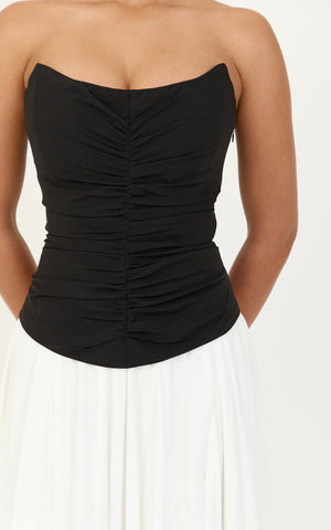 Evelina Maxi Dress - Strapless Corset Dress With Contrast Gathered Skirt in White/Black