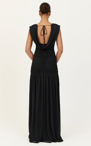Lume Maxi Dress - Cowl Neck Ruched Dress With Drop Waist And Tie Detail in Black