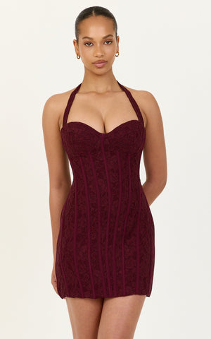 Malia Mini Dress - Lace Corset Halter Dress With Lace Up Back And Sweetheart Neck in Wine