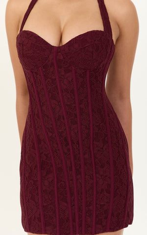 Malia Mini Dress - Lace Corset Halter Dress With Lace Up Back And Sweetheart Neck in Wine