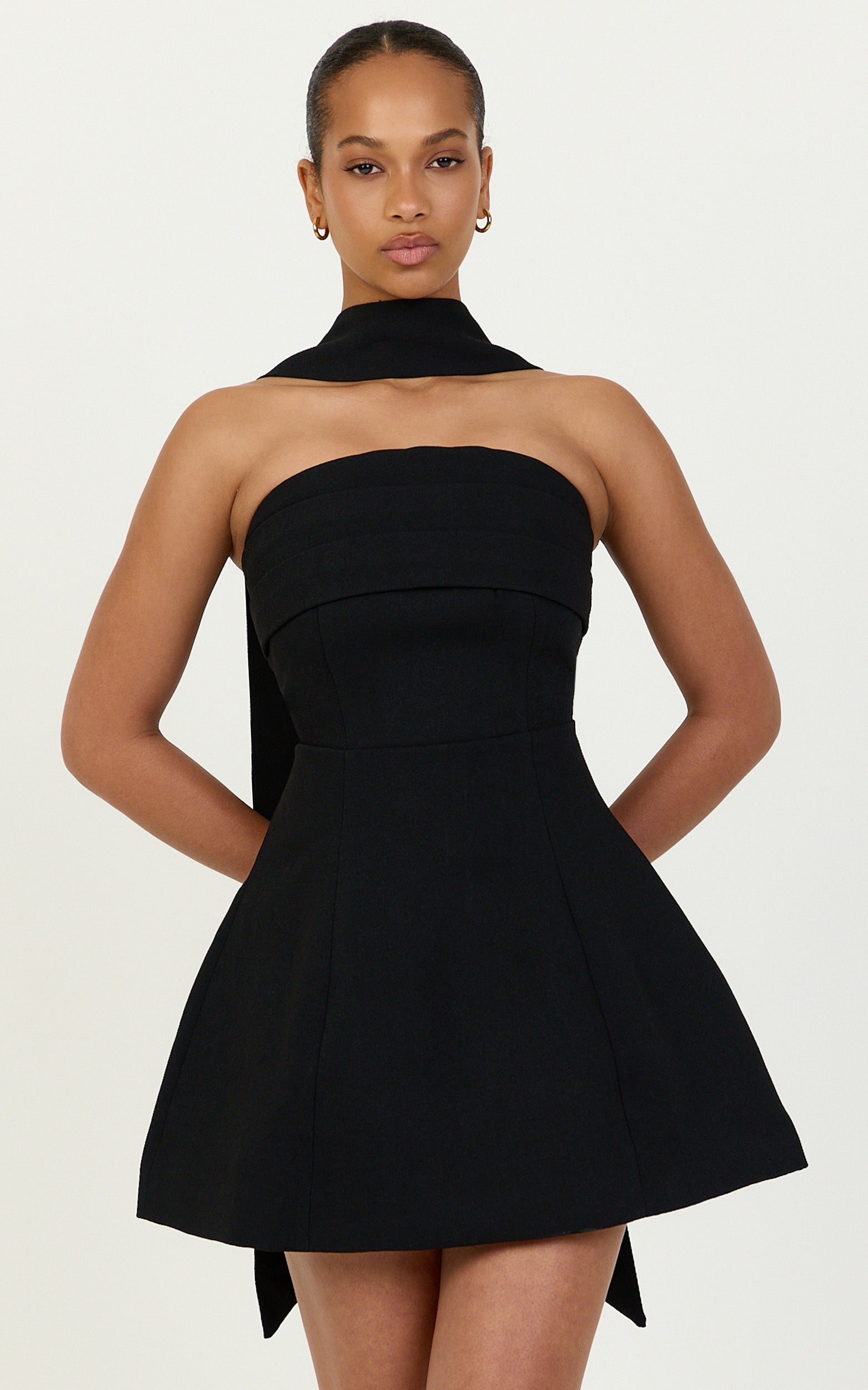 Marcelline Mini Dress - Strapless A Line Dress With Neck Scarf in Black