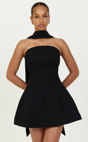 Marcelline Mini Dress - Strapless A Line Dress With Neck Scarf in Black