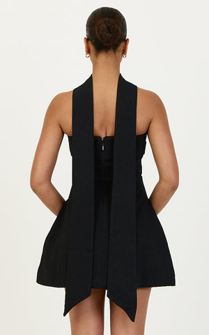 Marcelline Mini Dress - Strapless A Line Dress With Neck Scarf in Black