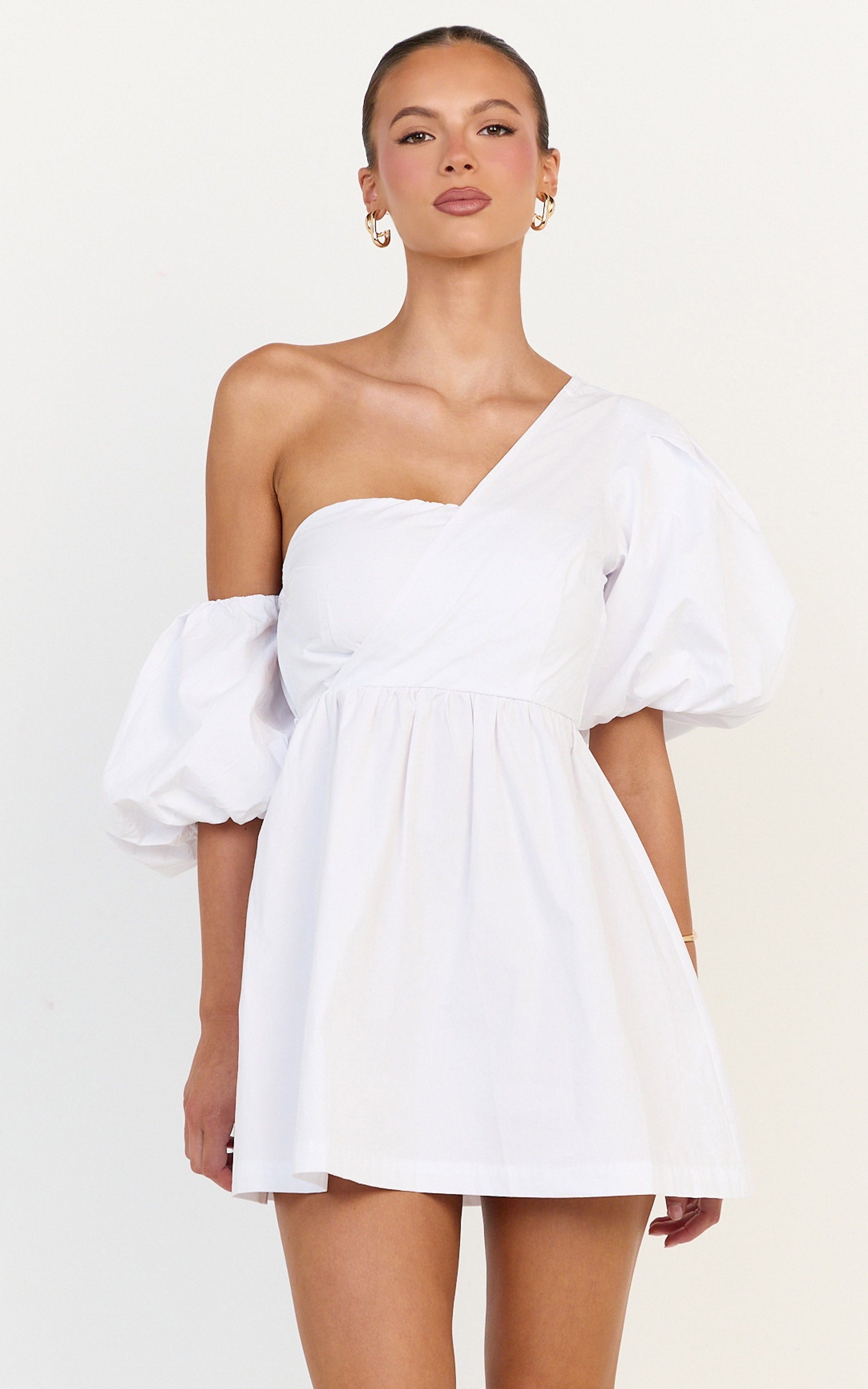 Sula Mini Dress - Asymmetric Off One Shoulder Puff Sleeve Dress in White