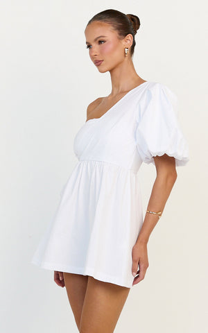 Sula Mini Dress - Asymmetric Off One Shoulder Puff Sleeve Dress in White