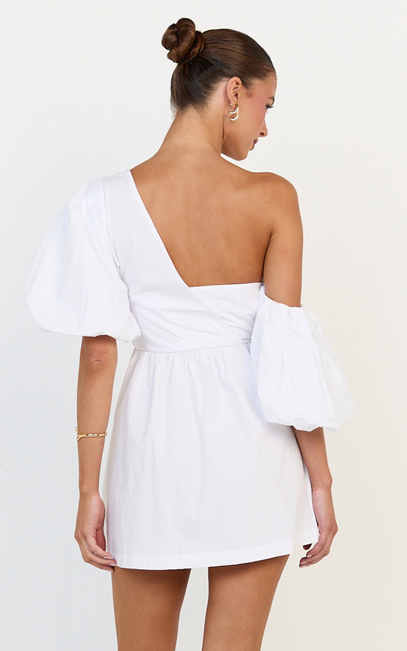 Sula Mini Dress - Asymmetric Off One Shoulder Puff Sleeve Dress in White