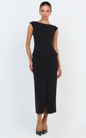 Calista Midi Dress - Boat Neck Button Down Pencil Dress in Black