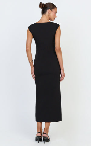 Calista Midi Dress - Boat Neck Button Down Pencil Dress in Black