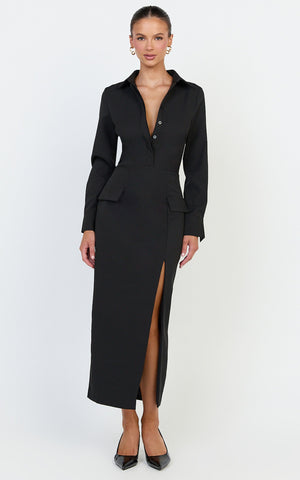 Henley Midi Dress - Long Sleeve Fitted Shirt Dress in Black