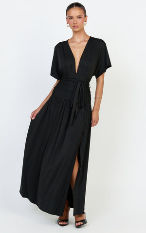 Liana Maxi Dress - Wide Sleeve Tie Waist Maxi Dress in Black