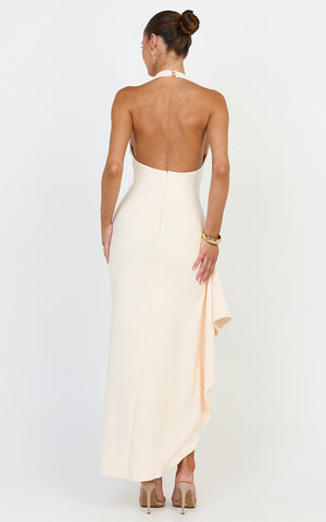 Lani Midi Dress - Scooped Neckline Draped Skirt Halter Dress in Cream