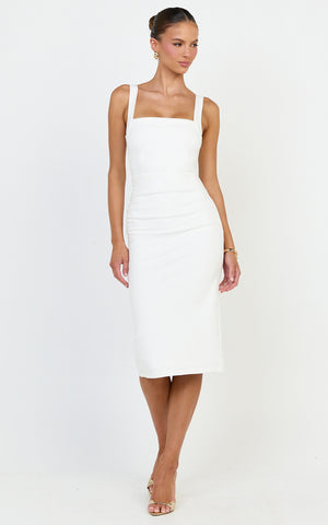 Tiffy Midi Dress - Square Neck Ruched Bodycon Dress in White