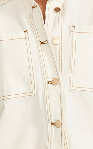 Iris Top - Oversized Recycled Denim Short Sleeve Shirt in Ecru with Contrast Tobacco Stitch