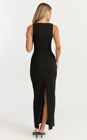 Liora Midi Dress - Boat Neck Side Twist Strap Midi Dress in Black
