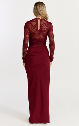 Crisanta Maxi Dress - Long Sleeve Contrast Lace Bodycon Dress in Wine