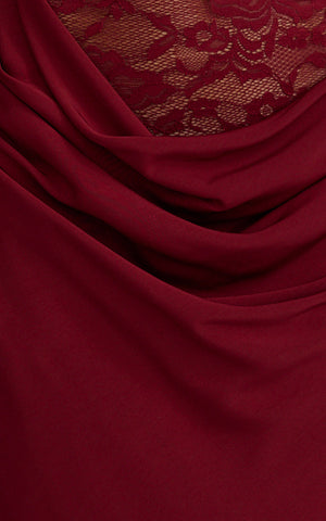 Crisanta Maxi Dress - Long Sleeve Contrast Lace Bodycon Dress in Wine