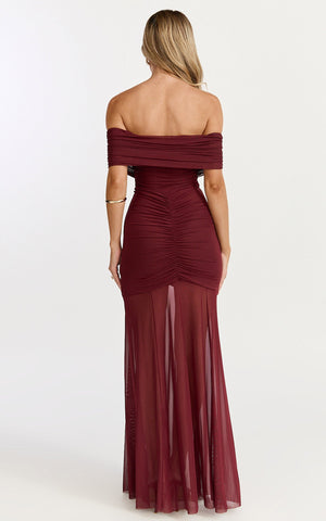 Alanna Maxi Dress - Off Shoulder Ruched Mesh Dress in Wine