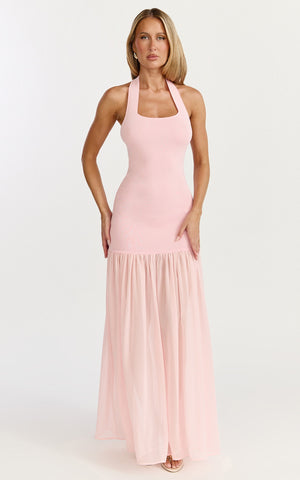 Barbara Maxi Dress - Halter Scoop Neck Contrast Georgette Dress in Pink