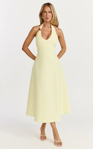 Leilani Midi Dress - Plunge Neck Hardware Fit and Flare Dress in Lemon