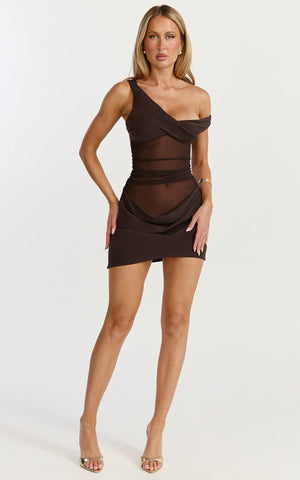 Lola Mini Dress - One Shoulder Contrast Bodycon Dress in Chocolate