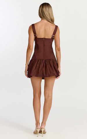 Nyx Mini Dress - Balconette Bodice Drop Waist Dress in Chocolate
