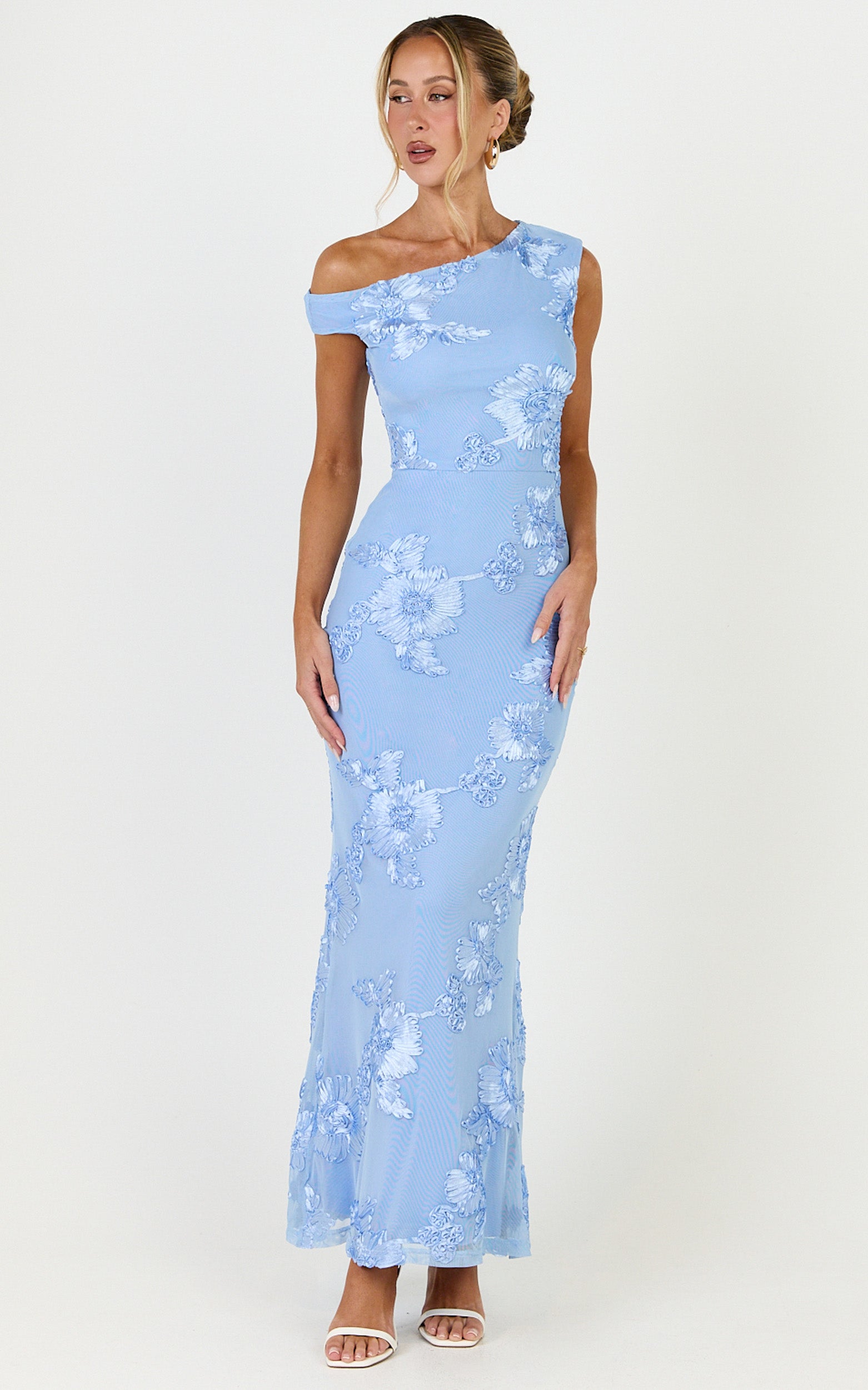 Flora Midi Dress - One Shoulder Dress in Blue
