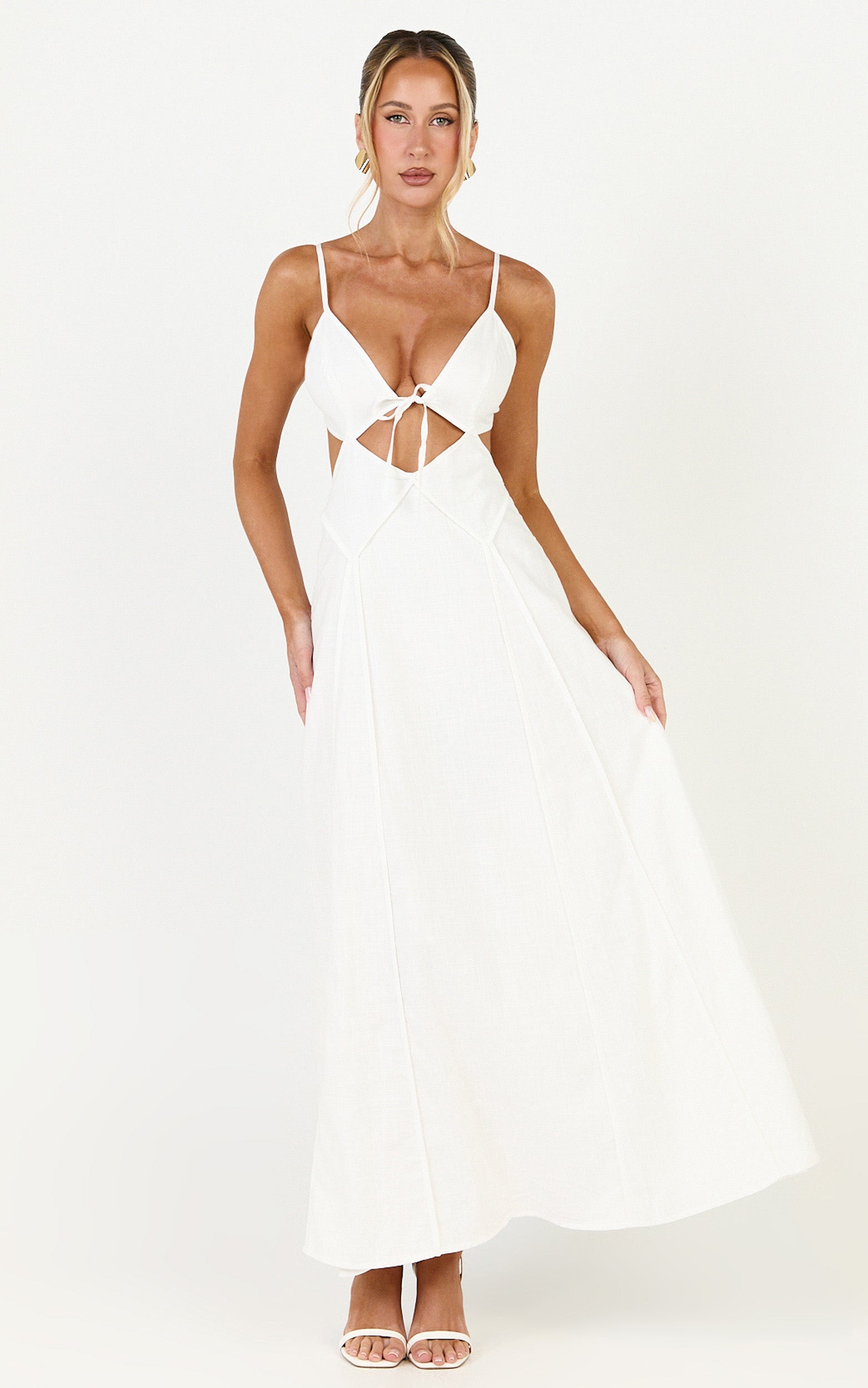Grace Midi Dress - Strappy Cutaway with Godet Detail Dress in White