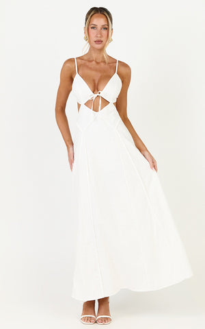 Grace Midi Dress - Strappy Cutaway with Godet Detail Dress in White