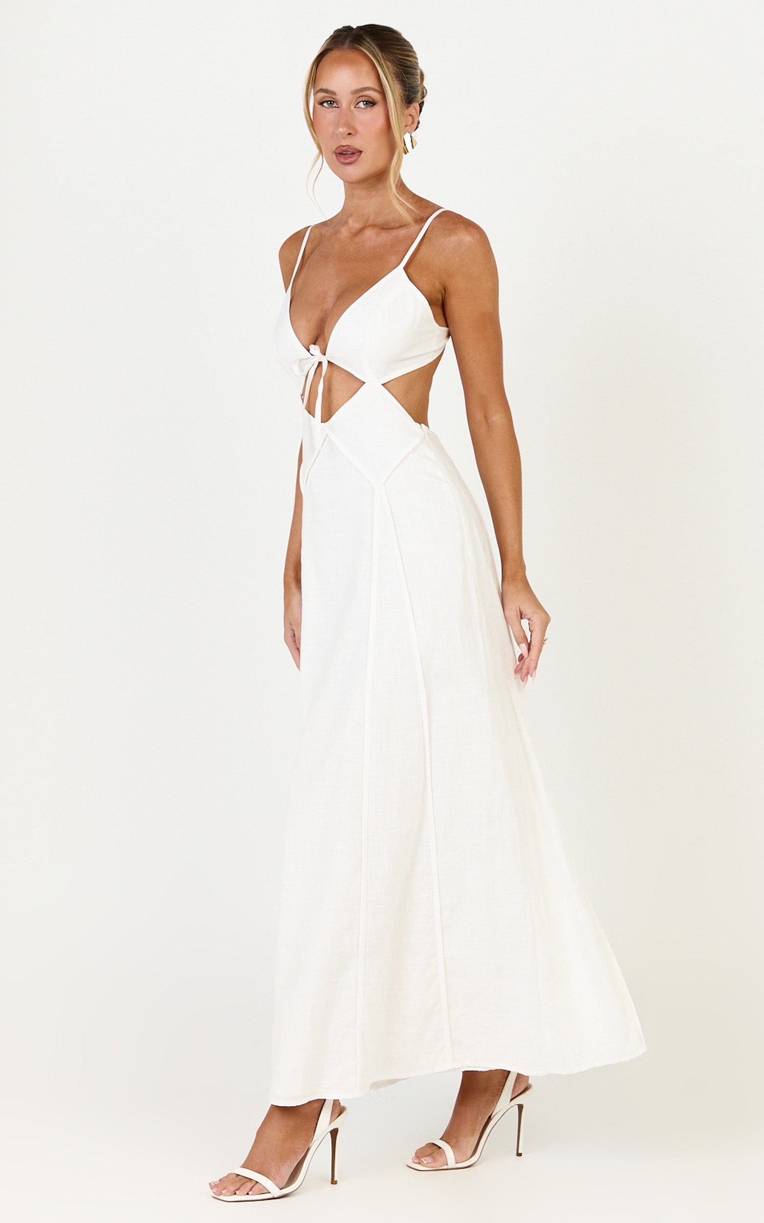 Grace Midi Dress - Strappy Cutaway with Godet Detail Dress in White
