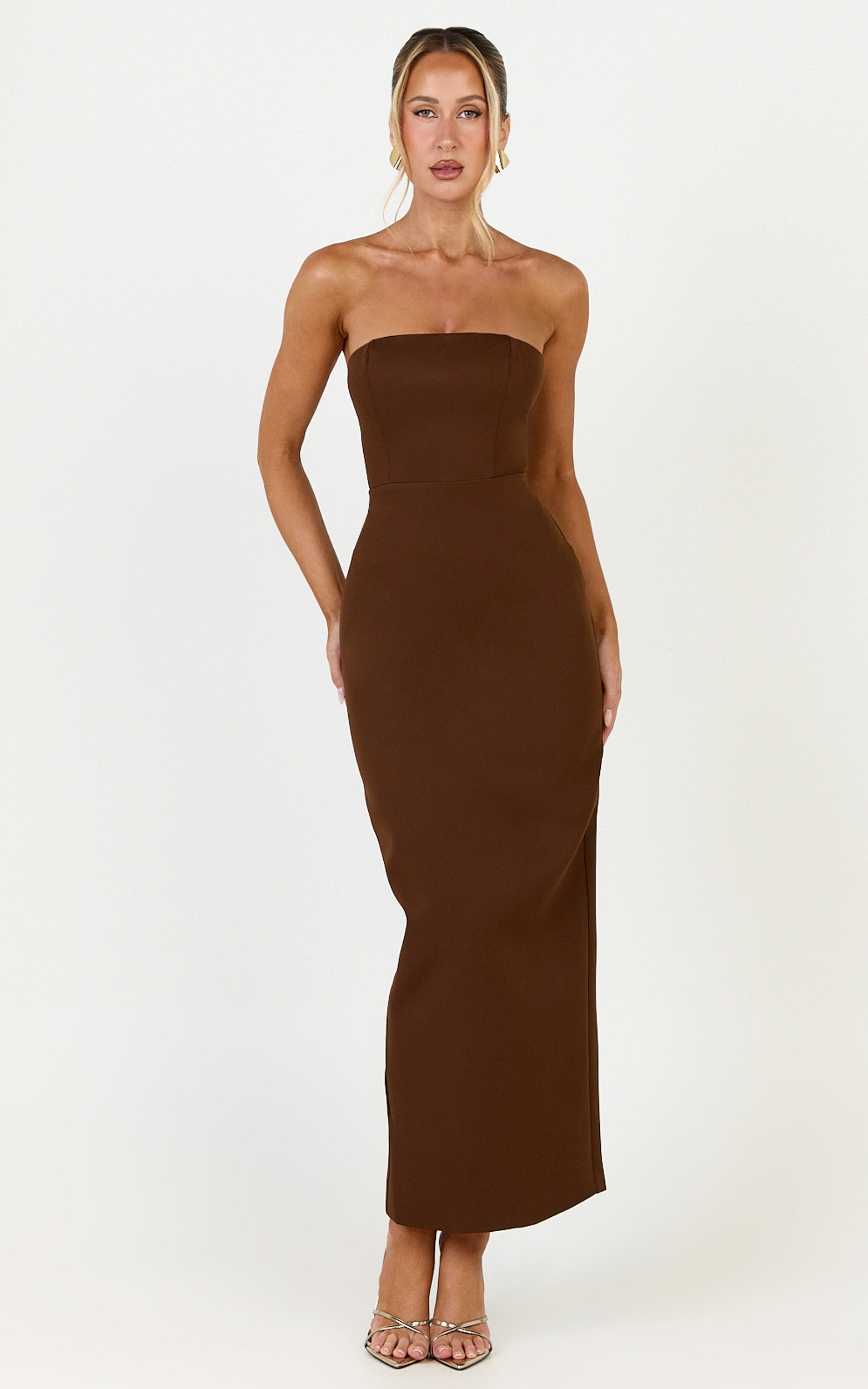Dessa Midi Dress - Strapless Column Dress in Chocolate