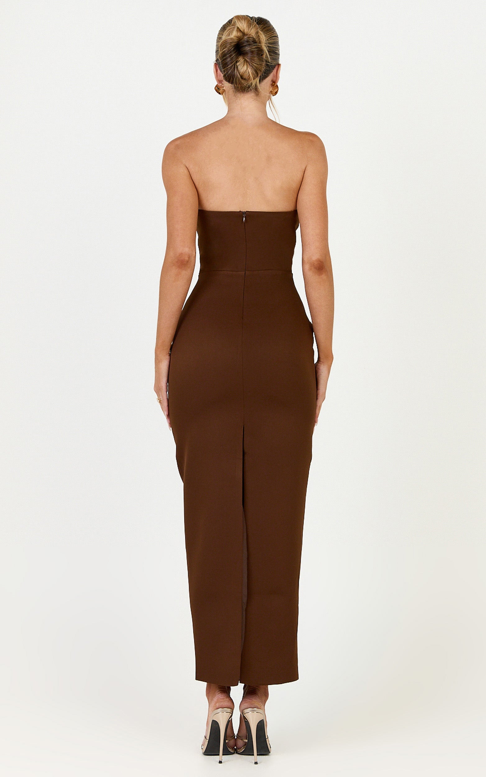 Dessa Midi Dress - Strapless Column Dress in Chocolate